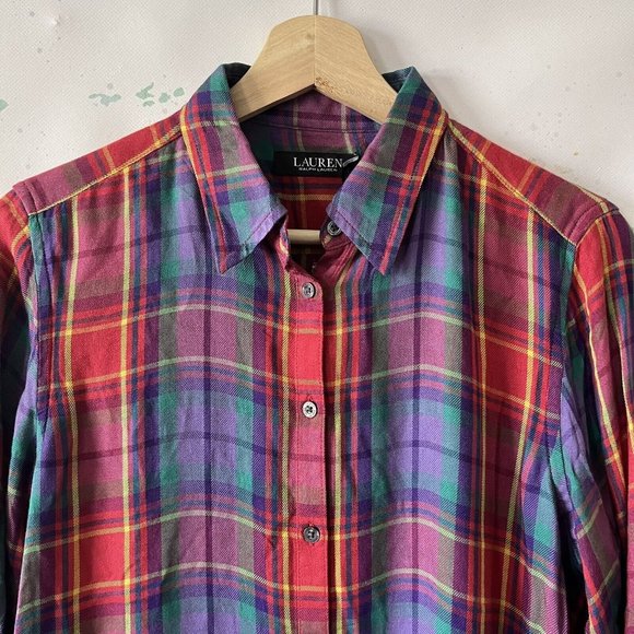 Lauren Ralph Lauren Top Size Small Rainbow Plaid Colorful Button Front Viscose - Picture 2 of 8